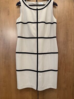 Calvin Klein Sift Tan  Sheath Dress with Black Grid Trim